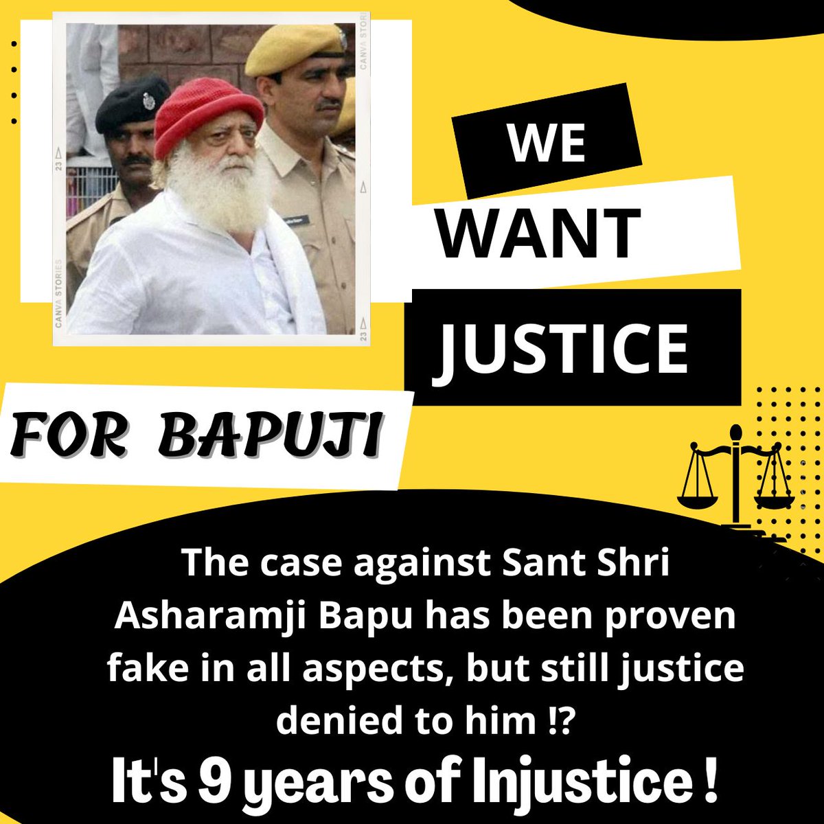 Sant Shri Asaram Bapu Case में पर्याप्त साक्ष्यों के बाद भी Nyay Ka Intezaar करते 9 Years Of Injustice के हो गये है, परंतु सुनवाई के अभाव में #Bapuji आज भी जेल में हैं । अतः न्यायालय को चाहिए कि वह जल्द से जल्द सुनवाई करके #Bapuji को रिहा करे ।
#WeWantJustice