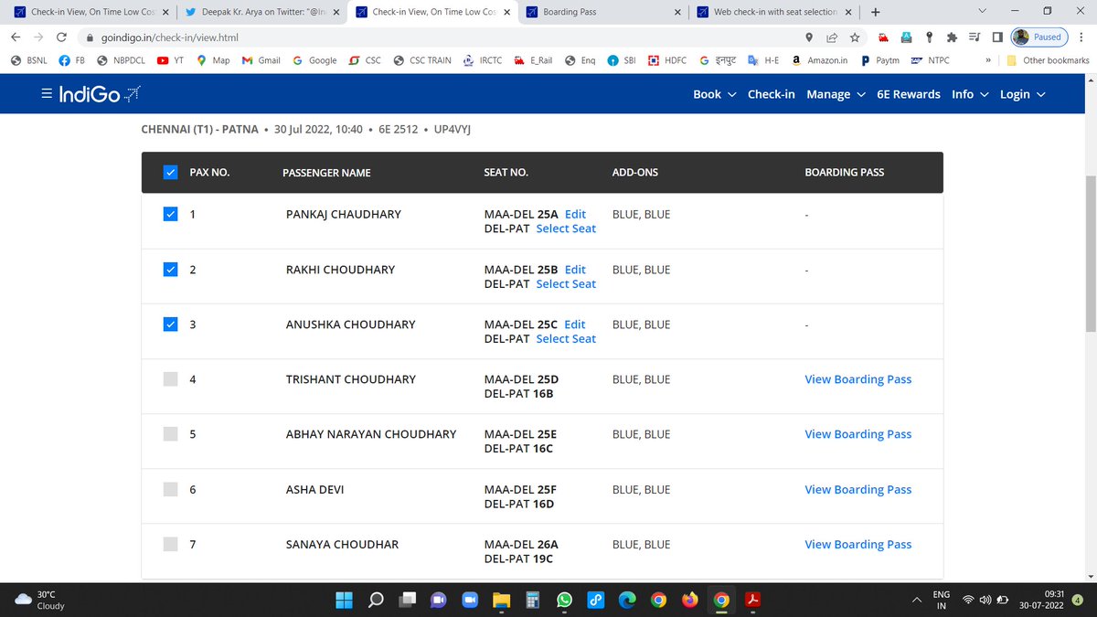 rd_arya's tweet photo. @IndiGo6E After checking in from the counter, now at 9.32 AM, 4 out of 7 boarding passes are visible and 3 are not. What game is this going on? @DGCAIndia @MoCA_GoI  @IndiGo6E https://t.co/sWFsSDJBvO