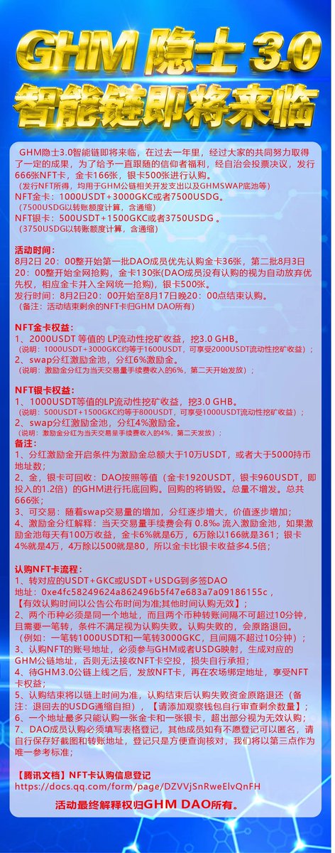 GHM隐士智能链发行NFT了，稳赚不赔，潜力无限！
欢迎币圈大咖参与
币安地址：0xe4fc58249624a862496b5f47e683a7a09186155c
电报群t.me/G_Hermit