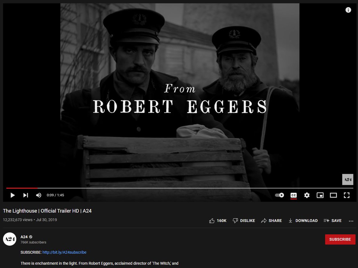 Rented The Lighthouse on YouTube, spent about 20 minutes being distracted by odd shots (e.g. entire top halves of faces out of frame) before I realized the film is just cropped to 16:9... 

...from 1.19:1?! <--(a near-square).

Trailer on right is correct. Don't rent/buy on YT.