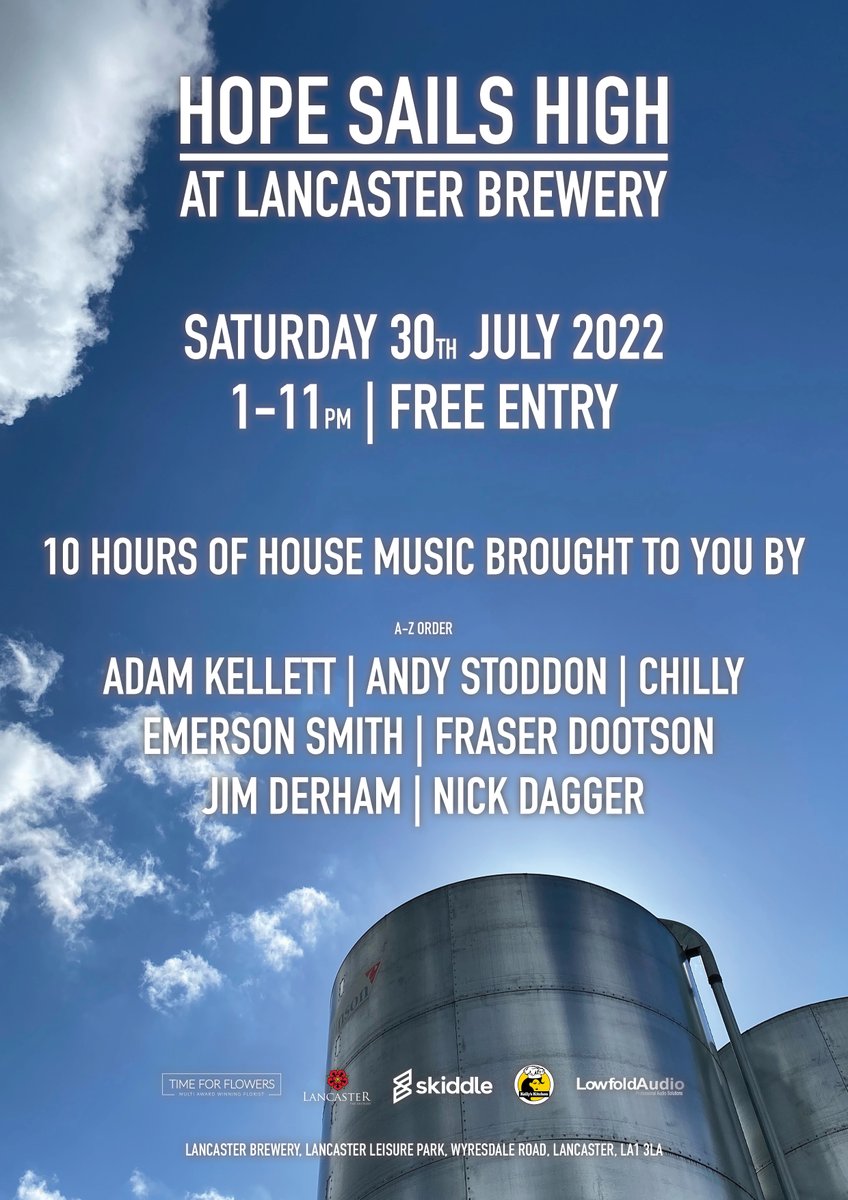 We are inside for Hope Sails High at Lancaster Brewery TODAY so don't let this wet weather put you off from the partying you deserve 💃🕺
 
If you’re hoping to come down but don’t have a ticket, then please be aware that walk-ins are very limited, so get down early! 

#HouseMusic