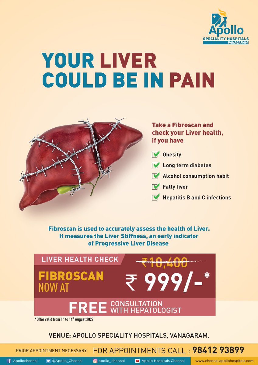 Apollo_Chennai's tweet photo. Now, identify the early indicators of Progressive Liver Disease with a Fibroscan.
Get your liver health checked at Apollo Speciality Hospitals, Vanagaram. For appointments call 98412 93899.
#Liver #LiverHealth #LiverDisease #Fibroscan #ApolloForYou #YouFirst #ApolloVanagaram https://t.co/SP8jmeniXN