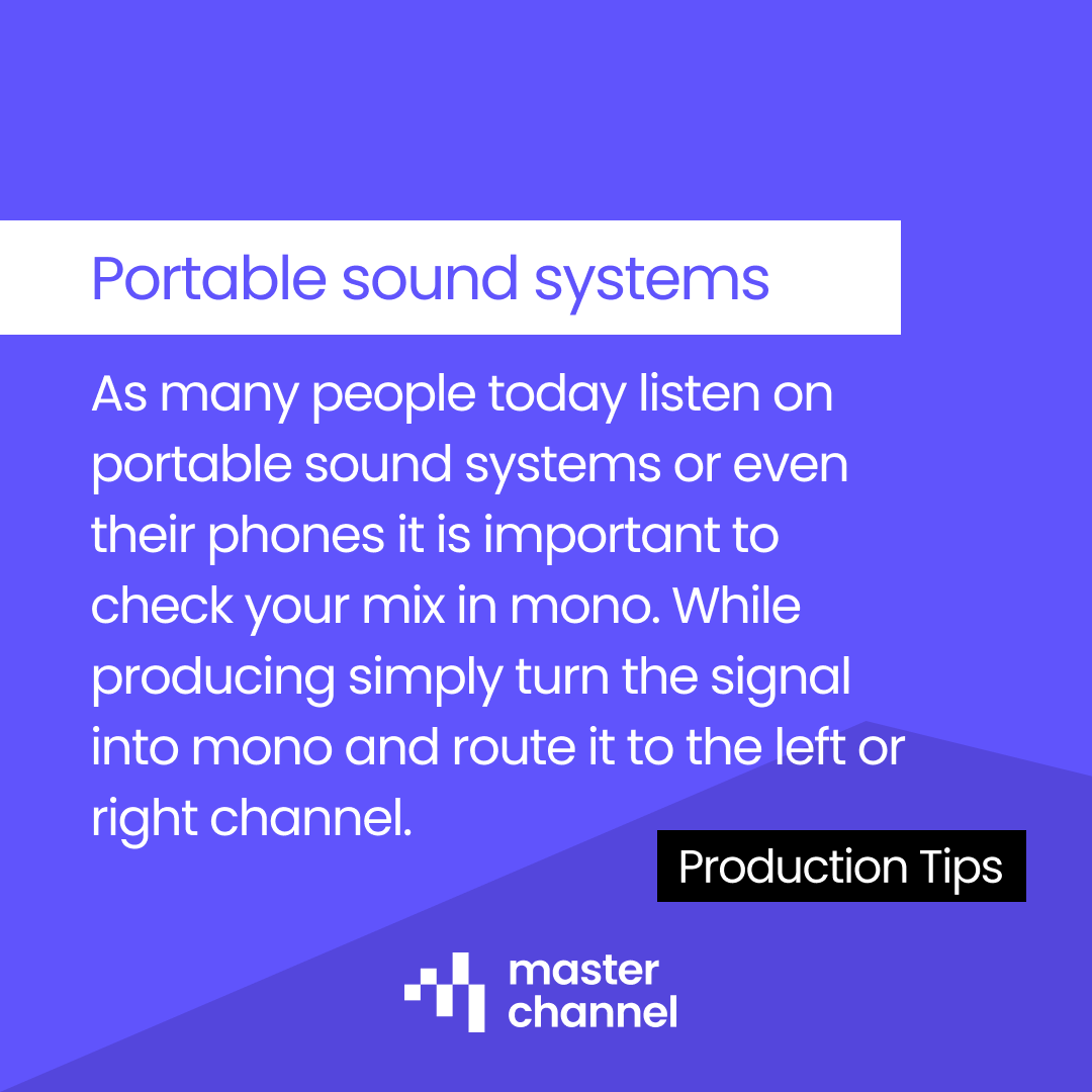 masterchannelai's tweet photo. 🎶 Music production tip #9: Mono Compatibility
Many people today listen on portable sound systems or even their phones it is important to check your mix in mono. Find out more helpful tips here: https://t.co/ty8VZZKdzY

#productiontips #masterchannel #musicproduction https://t.co/qdE4uLns6G