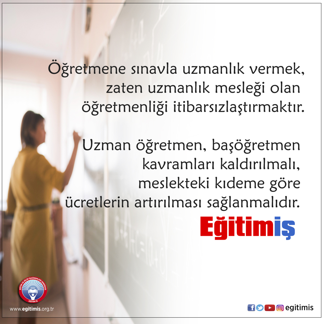 Öğretmene sınavla uzmanlık vermek, zaten uzmanlık mesleği olan öğretmenliği itibarsızlaştırmaktır. Uzman öğretmen, başöğretmen kavramları kaldırılmalı, meslekteki kıdeme göre ücretlerin artırılması sağlanmalıdır. 

#oeğretmenuzmandır  
#UzmanligimDiplomamdir