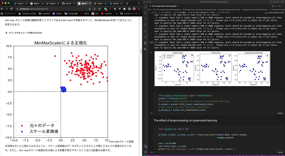 RHelloworld's tweet image. Day617
scikit-learn学習
●スケール変換
機械学習は全特徴量の
スケールがあっている前提
→決定木は特徴量毎に比較するので不要
MaxMinScaler:最大1、最小0に変換
※注意点
学習とテストデータの別変換は
スケールが狂い正しい結果を出力しない
#python #scikit_learn #oreilly
#今日の積み上げ
