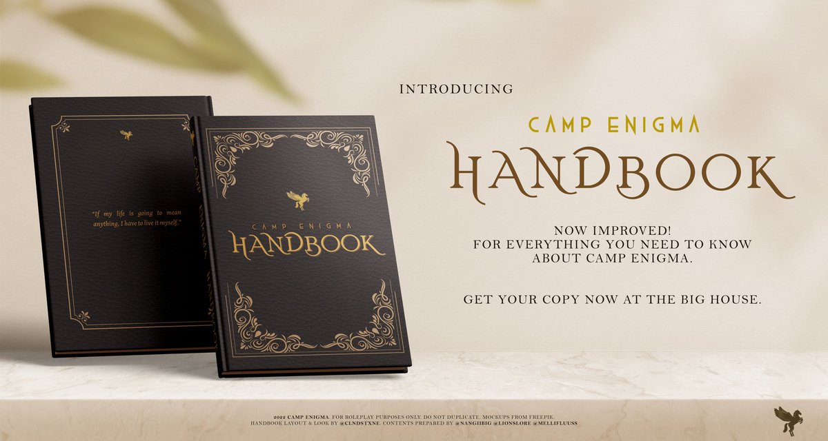 ⠀

     INTRODUCING...
           The Improved Camp Enigma Handbook! For everything you need to know about Camp Enigma.
           
           Get your copy now at the Big House.

⠀