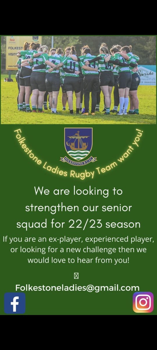 We’re looking to strengthen our senior squad. No experience necessary! #folkestonerugby #kent #ladiesrugby #rugby #womensrugby #FOLKESTONE #folkestoneladiesrfc #kentrugby