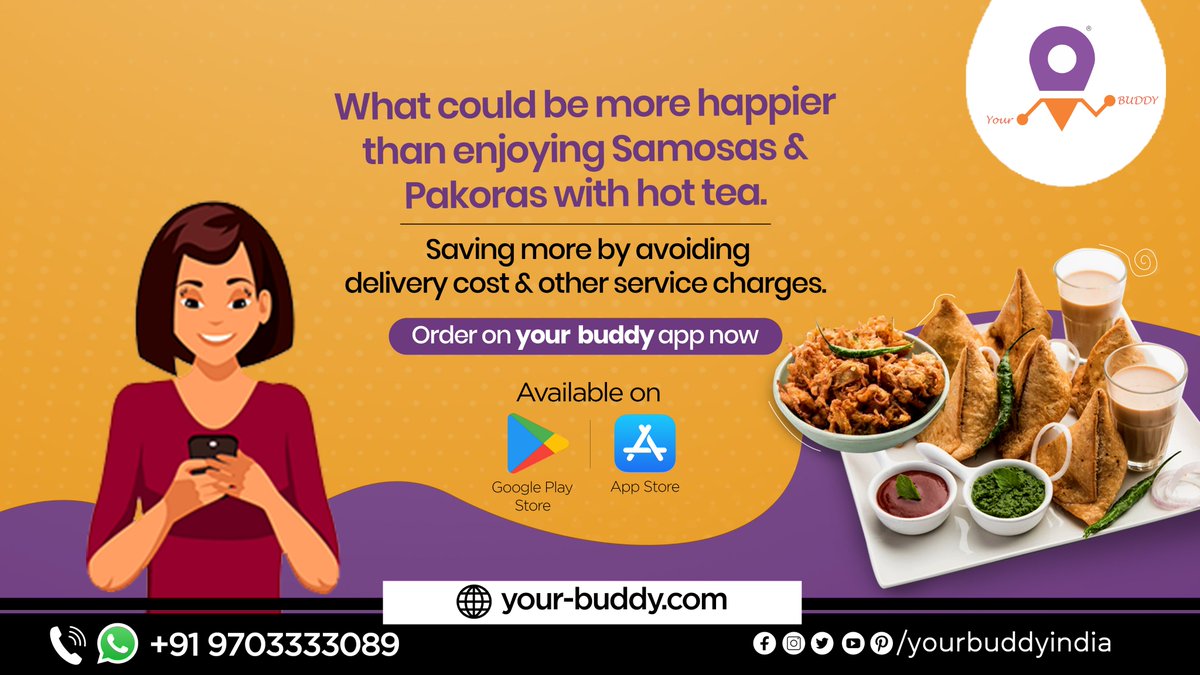yourbuddyindia's tweet photo. What could be more happier than enjoying Samosas and Pakoras with hot tea.
 
Avoiding delivery cost and other service charges. Order on your buddy app now
 
#yourbuddy #food #hyderabadfoodlover #hyderabadfood #foodorderingapp #foodorderapp #orderrestaurant #orderrestaurantapp https://t.co/qjk5X4pDc5