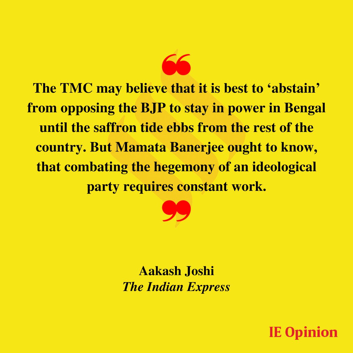 #ExpressOpinion | Mamata Banerjee ought to know that combating the hegemony of an ideological party requires constant work. 
#MamataBanerjee #TMC #ParthaChatterjee 

Aakash Joshi (<a href="/Joshi_Uncle/">Aakash Joshi</a>) writes: bit.ly/3BsAkVZ