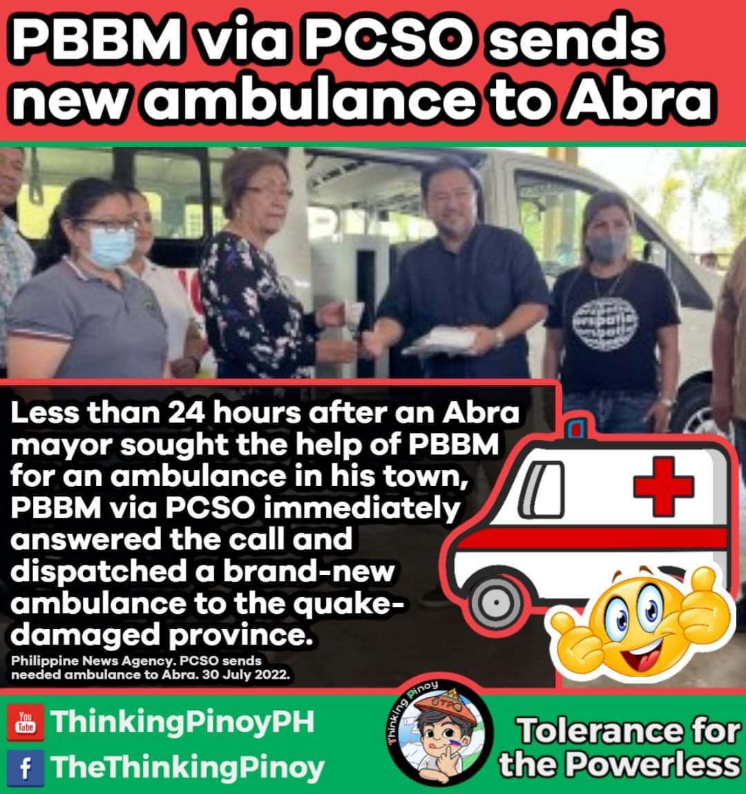 President <a href="/bongbongmarcos/">Bongbong Marcos</a> fulfills the request of an Abra Mayor for help by providing ambulances.

CTTO : @iMthinkingPinoy