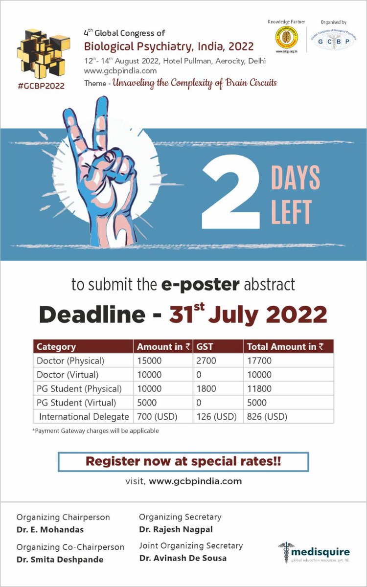 #GCBP2022 Hurry Up! The last 2 Days are left...
Submit your abstract!
Website: gcbpindia.com 
Register Now: gcbpindia.com/registration.p…

#India #Delhi  #stayhealthy #mentalhealth #bipolar #mentalhealthawareness #depression #anxiety #mentalillness #ocd #mentalhealthmatters