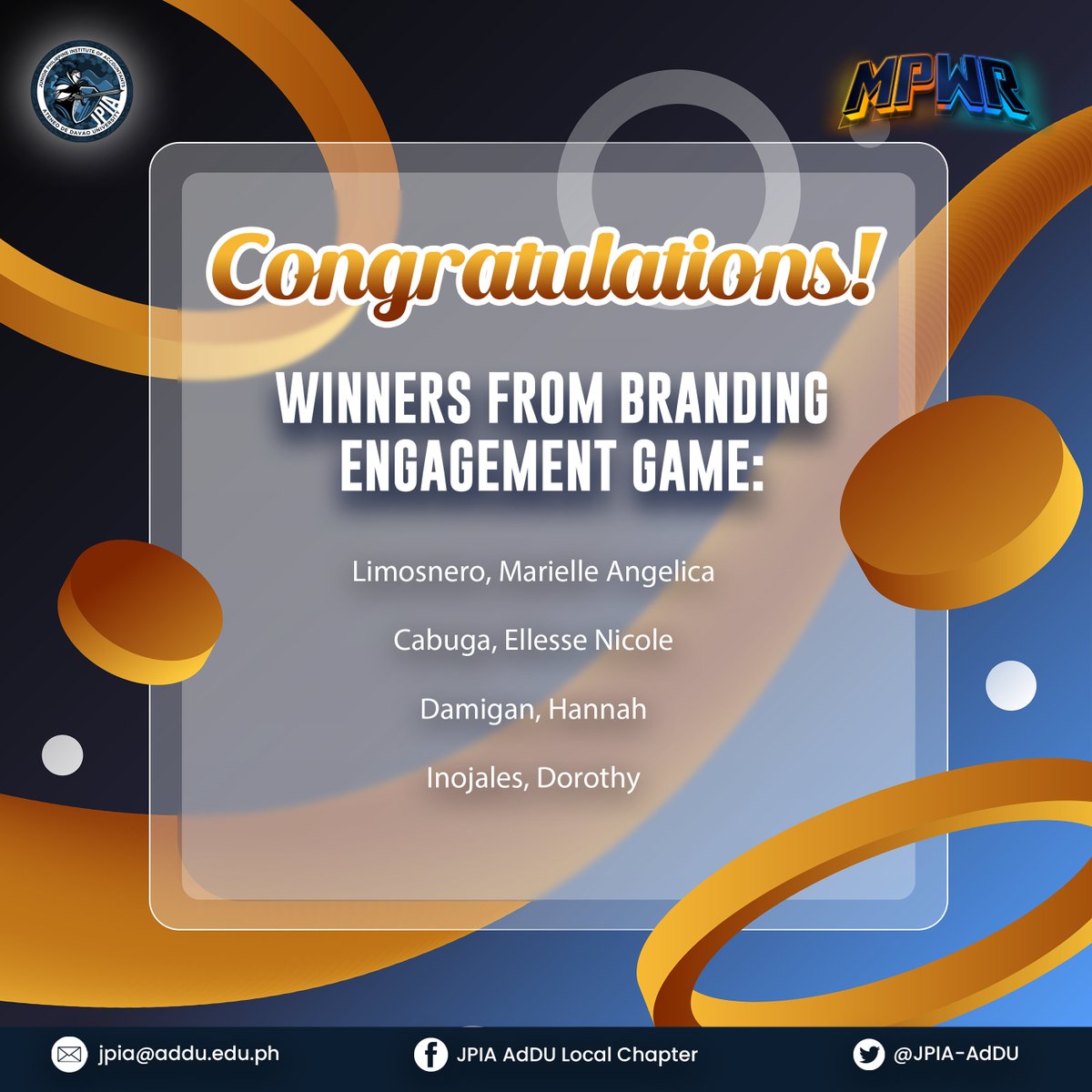JPIAaddu's tweet photo. ✨𝑪𝒐𝒏𝒈𝒓𝒂𝒕𝒖𝒍𝒂𝒕𝒊𝒐𝒏𝒔!✨
Congratulations to the winners of the JPIA-ADDU General Assembly and Course Orientation and Branding engagement game raffle!
Truly, you embody the spirit of an MPWRd JPIAN! 💙
#JPIAAdDU
#MPWRd https://t.co/ivICUkimCu