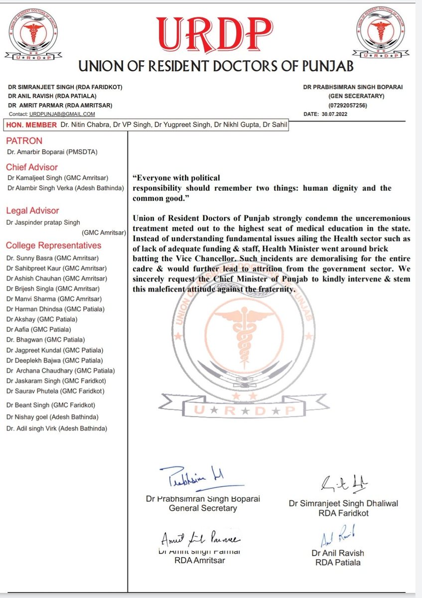 AmritsarRdap's tweet photo. @BhagwantMann sir this was not at all expected from the ministers of your government. Demeaning and discouraging the highest doctor of the state is disheartening for the whole medical fraternity. @AAPPunjab @NijjarDr @GmcRda @mandeepnarula12 @karamprakash6 @HarpalCheemaMLA https://t.co/5S4thpwbv3