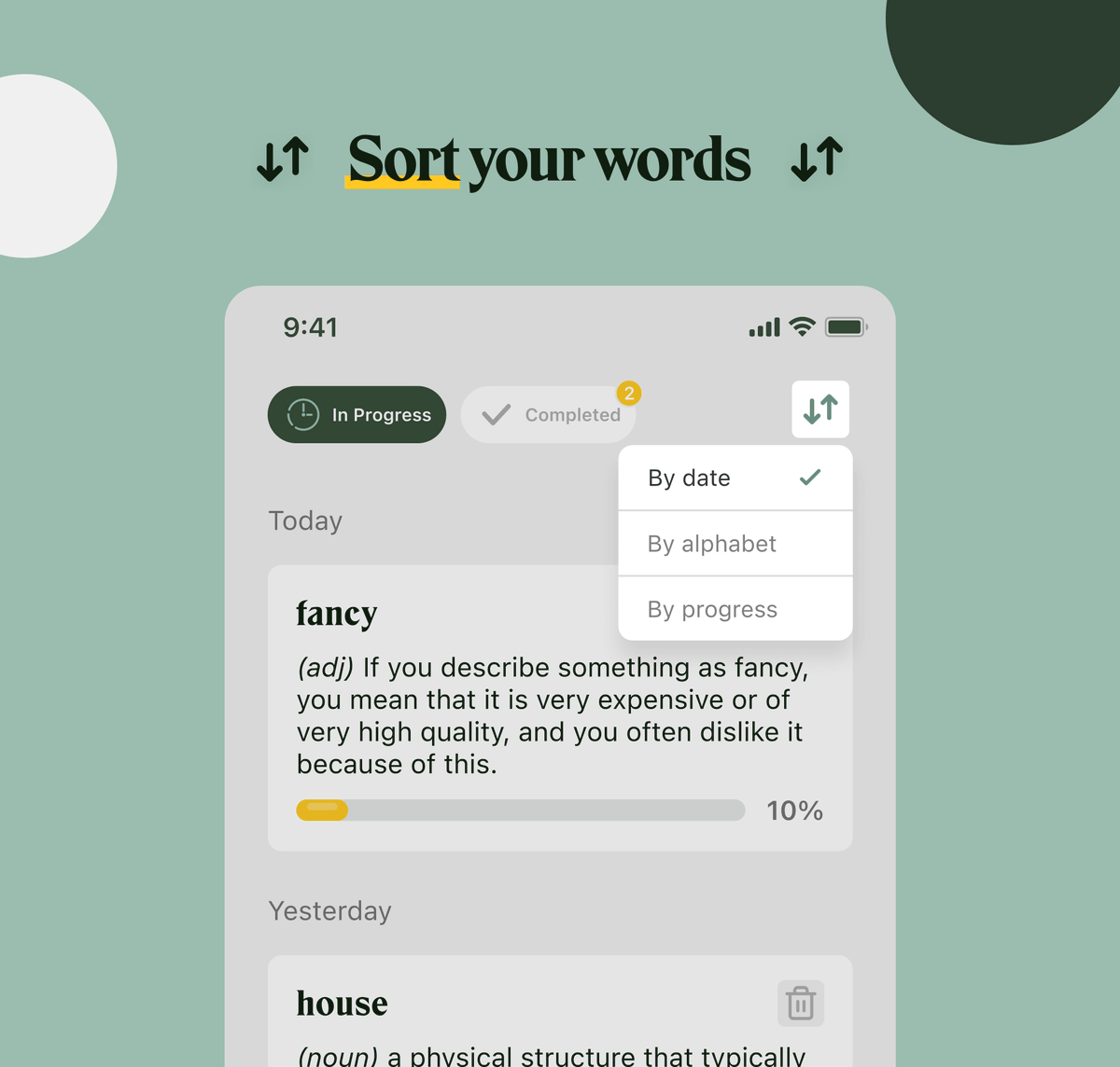LockcardApp's tweet photo. Lockcard 2.1 was just released! 

You can now SORT your words by Date (📆), Alphabet (🔤) and Progress (⚡️) https://t.co/GtwZKIgeHS