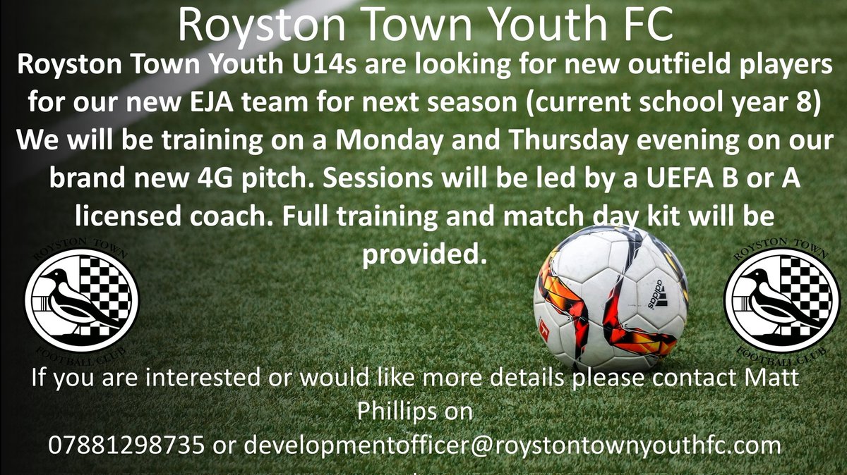 matthewp199's tweet photo. @roystontyouthfc are Looking for a few outfield players to add to this talented squad for next season. Great links are now in place from youth club to the adult clubs U18s, U23's and 1st team. Open training sessions now on, on a thursday. please get in contact if your interested. https://t.co/ZQIm12m395