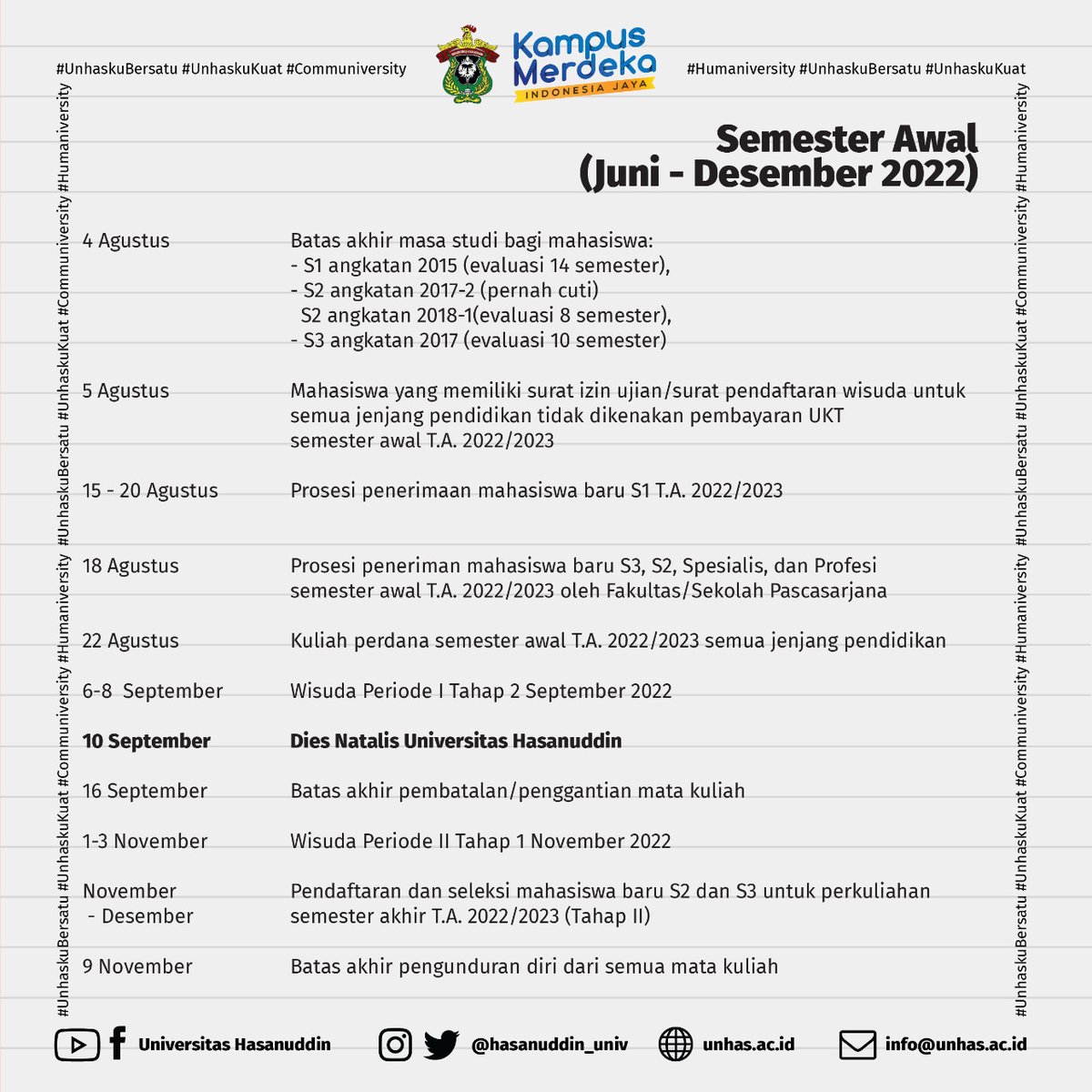 hasanuddin_univ's tweet photo. Semester awal alias ganjil is coming~ siapa yang udah gak sabar mau kuliah dan ketemu temen-temennya? 🙋🏻‍♀️🙋🏻‍♂️ Nah ini dia kalender akademik untuk semester ini. Jangan lupa tag teman kamu biar sama-sama tahu info ini 😉

#Unhas
#Communiversity
#Humaniversity
#CatchWCU https://t.co/n3WnTxem4T
