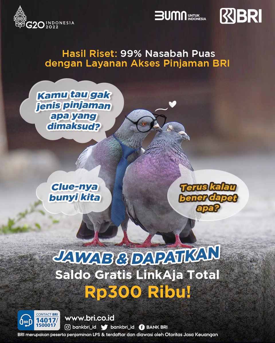 SAATNYA KUIS! Senengnya bisa berbagi lagi, yeay \o/

Sebelumnya mau berbagi info dulu nih, jadi belum lama ini Badan Riset dan Inovasi Nasional (BRIN) mencatat kalo 99% nasabah ultra mikro merasa puas dengan layanan akses pinjaman dari BRI.

#BRI #MemberiMaknaIndonesia