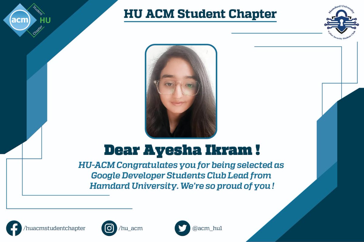 Iqbalsound's tweet photo. Congratulations
to #AyshaIkram for selecting as team lead for #Google Developer Students Club.
#proudmoment
#GDSC
#GDSCHU
#DepartmentofComputing
#HamdardUniversity
#huacmstudentchapter
#HUCSSC https://t.co/QTOUADTLxW