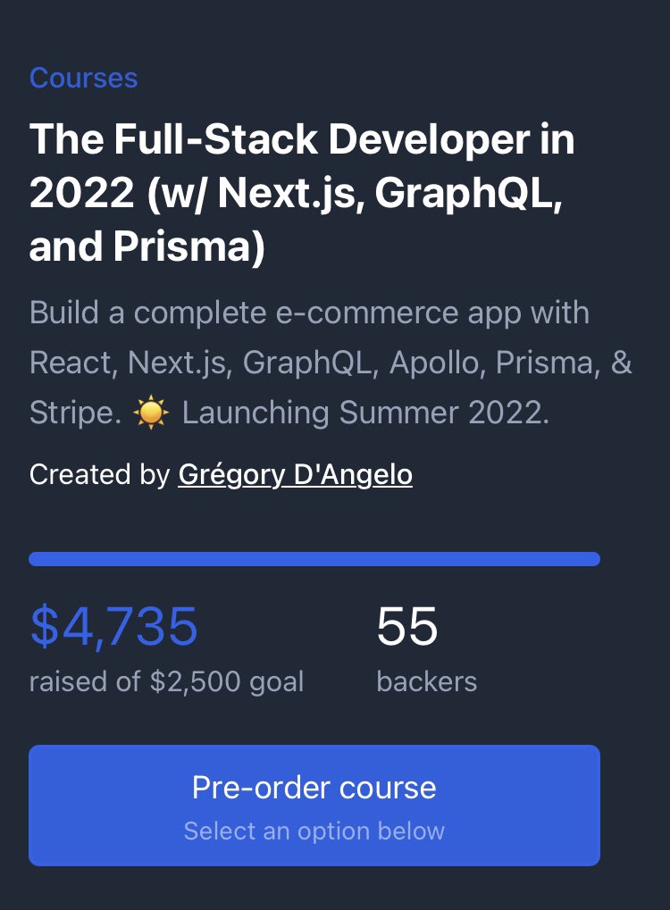 gdangel0's tweet photo. Got another 5 students this week for The Full-Stack Developer in 2022 (w/ Next.js, GraphQL, and Prisma) 🥳

That's 55 in total 🚀

That's far from the 2,200 students from my first course, but it's a paid course, and it is still in pre-orders. https://t.co/RdGhPWzQvb