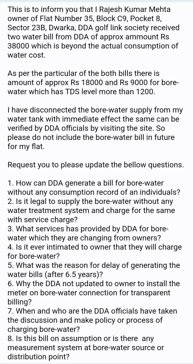 rkmehta01's tweet photo. @BJP4Delhi DDA ye borewell water ka bill kab wapas legi? Approx 25K is borewell water charge out of 40K total bill. 7CR from 2300 ews flat owners of Dwarka 23B. @PMOIndia @official_dda @LtGovDelhi @AamAadmiParty @ArvindKejriwal @msisodia @HardeepSPuri @DelhiJalBoard https://t.co/t7yzpmm278