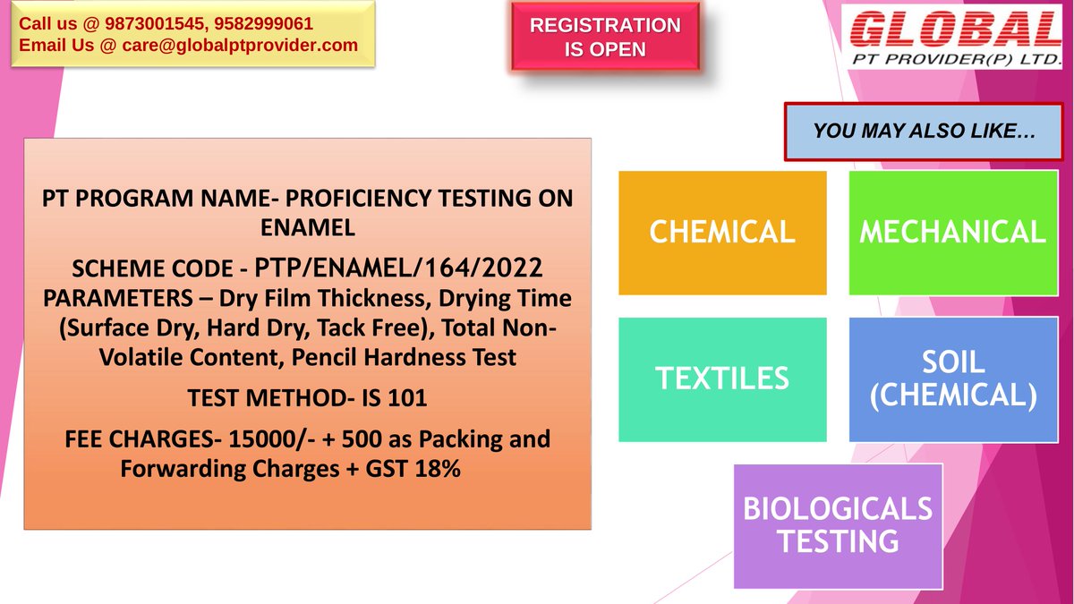 pt_limited's tweet image. Register Now!!!!

#registrationopen #enamel #painttesting #enamelptprogram #painttestinglab #enamelpt #testinglaboratory #ptprograms #chemicalstesting  #proficiencytesting #chemicalsindustry #testinglaboratories #global #ptservices #testing #nabl  #metaltestingdevision