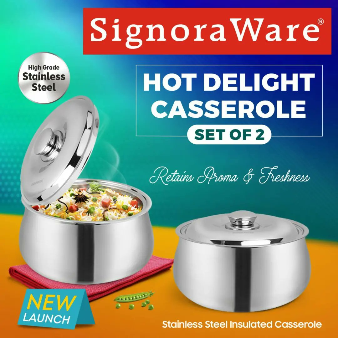 SignoraWare's tweet photo. Retain the aroma of your food with Hot Delight Casserole

#signoraware #hotdelight #hotdelightcasserole #casserole #hotcasserole #coldcasserole #hotcase #food #hotfood #homeutility #regularuse #stainlesssteel #premiumquality #steelcasserole #giftingseason https://t.co/IjunAvuZOT