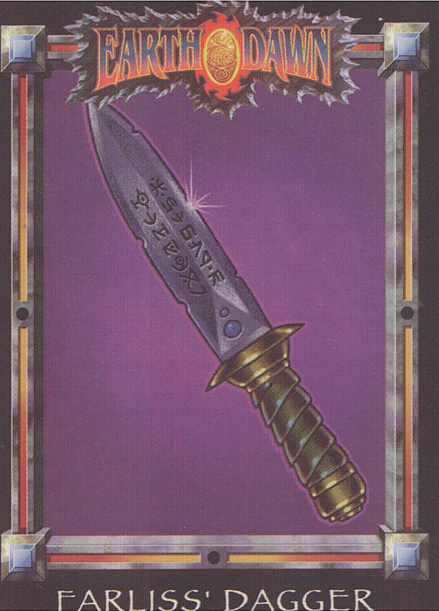 Ranaroth2's tweet photo. Dave Martin. Farliss' Dagger. Card from Earthdawn: Barsaive, FASA, 1993. #DaveMartin #Farliss #dagger #weapon #roleplaying #Earthdawn #Barsaive #FASA https://t.co/Yv40rJjeLW