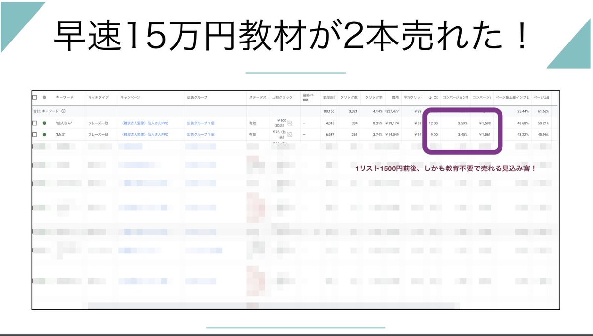 【新作プレゼント】リスティング広告・Twitter広告で2022年4-7月の平均月利700万円をキープした秘密を公開した

web広告集客の集大成セミナー（40分32秒）

をプレゼントします（スライド113P付き）、広告費は1日2000円から開始可能。

欲しい方いたらフォローといいねとRTで教えてください、DMします