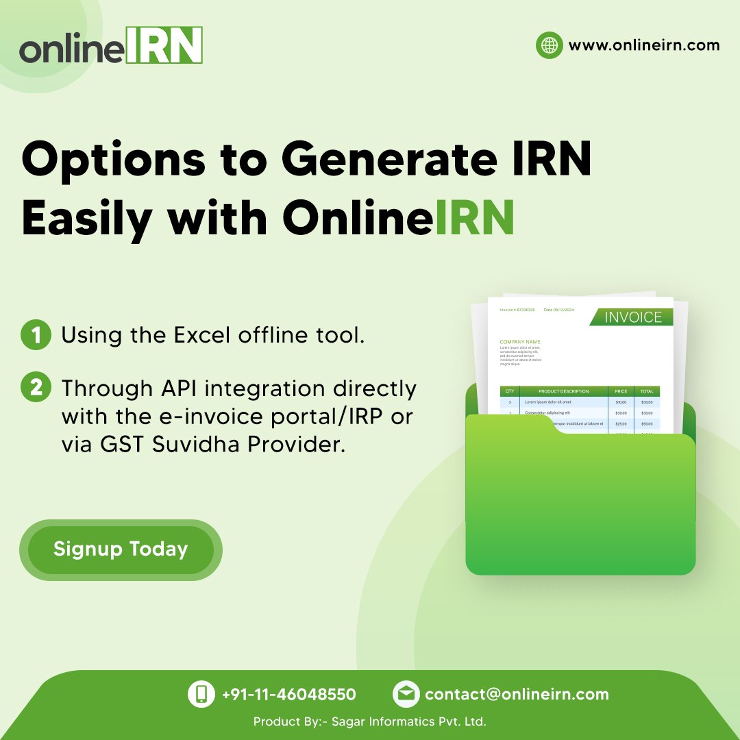 Do you want to make your e-invoicing as easy as possible?
Online IRN gives you multiple options to generate IRNs quickly and with zero hassle.

Signup today: onlineirn.com/Web/SignUp

For support mail us at: contact@onlineirn.com 
.
.
#irnsoftware #einvoice #invoicegenerator