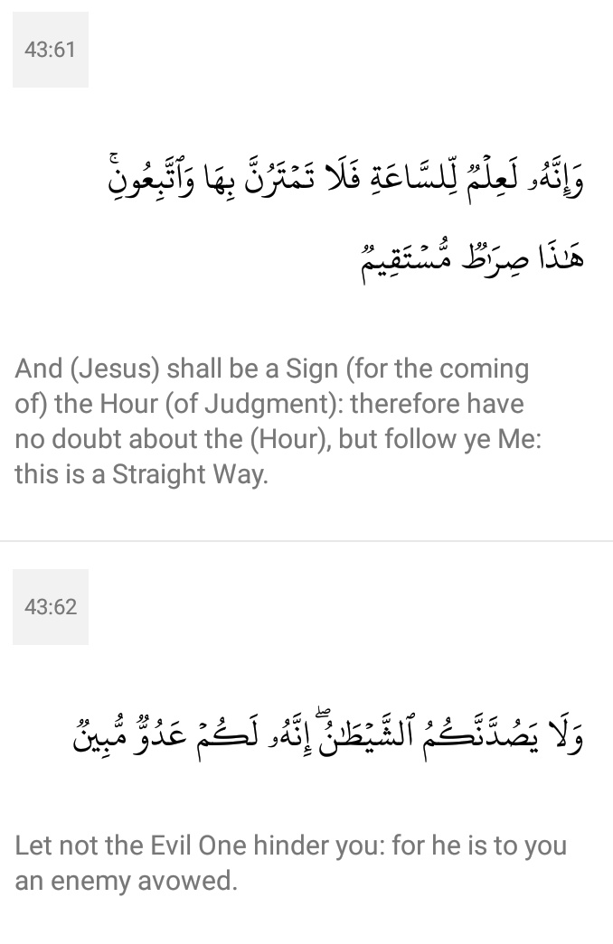 abdechad's tweet photo. @baslam_khan @zaryab1997 @Shaykh_Aldaar @Farid_0v @al_moejahid Rather the Quran says his descent is a sign of the hour.

Also note that in the next verse, Allah warns against shayateen like ghulam of qadian https://t.co/KHEGQzF29I