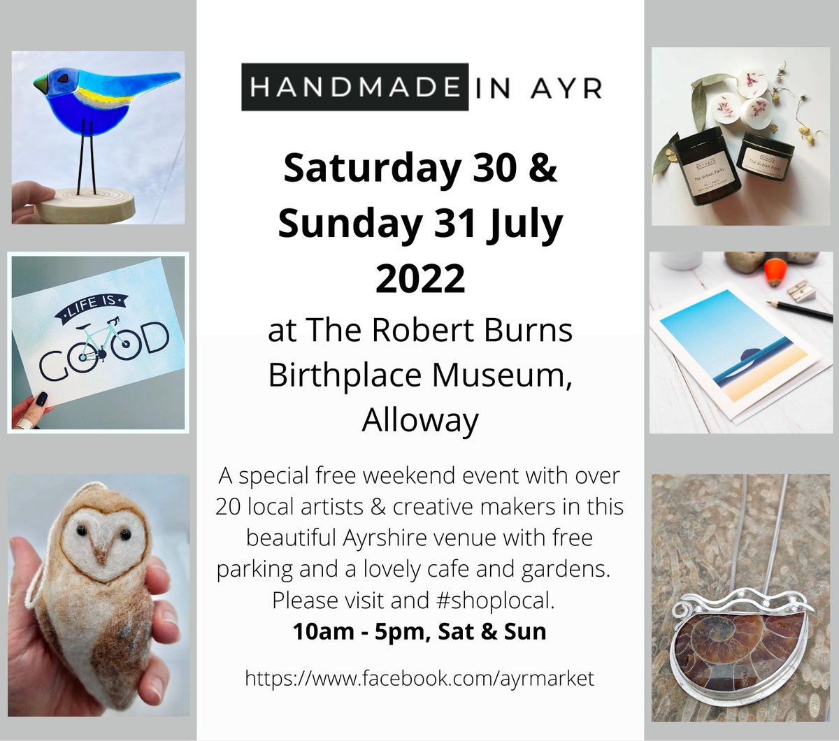 Doors open at 10am this morning at The Handmade in Ayr weekend event at the @RobertBurnsNTS in Alloway.  20 Ayrshire artists &amp; makers displaying their work today and tomorrow.  Come join us and #shoplocal