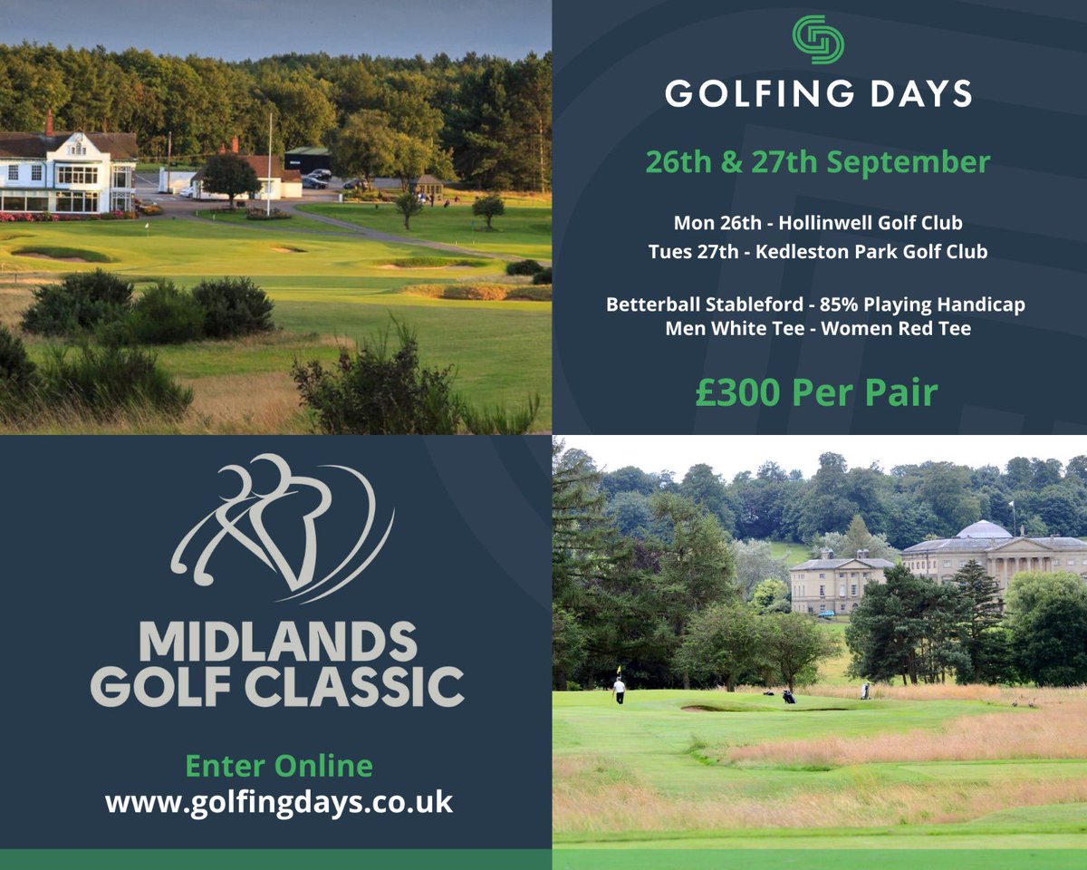 For just £300 a pair this has to be the best value for money event available. To get to play 2 of the best courses in the Midlands in a competitive format, this is a steal. Bacon rolls both days too. 
<a href="/Kedleston_Park/">Kedleston Park GC</a> <a href="/Hollinwell/">Hollinwell</a> 

Entry 👇

golfingdays.co.uk/events/midland…