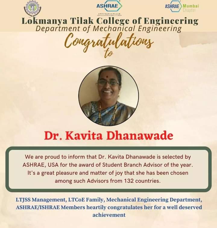 LTCE_Official's tweet photo. We are delighted to inform that Dr. Kavita Dhanwade is selected by ASHRAE, USA for the award of Student Branch Advisor of the year.
Congratulations to you ma'am!
#bestwishes #congratulations #ASHRAE #mechanicalengineering #engineering #ltce #navimumbai #mumbai #Maharashtra https://t.co/qiMXXZVRWY