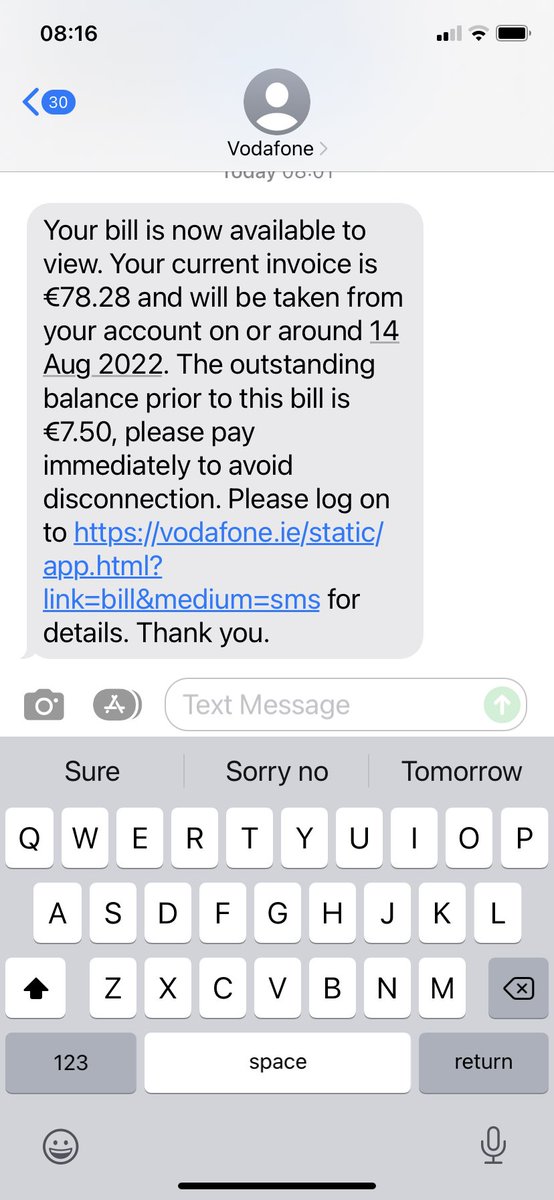 Megs_mam's tweet photo. @VodafoneIreland great text to be woken up with on Saturday morning threatening disconnection when it’s your billing error - not happy https://t.co/cD3SxaUqw8