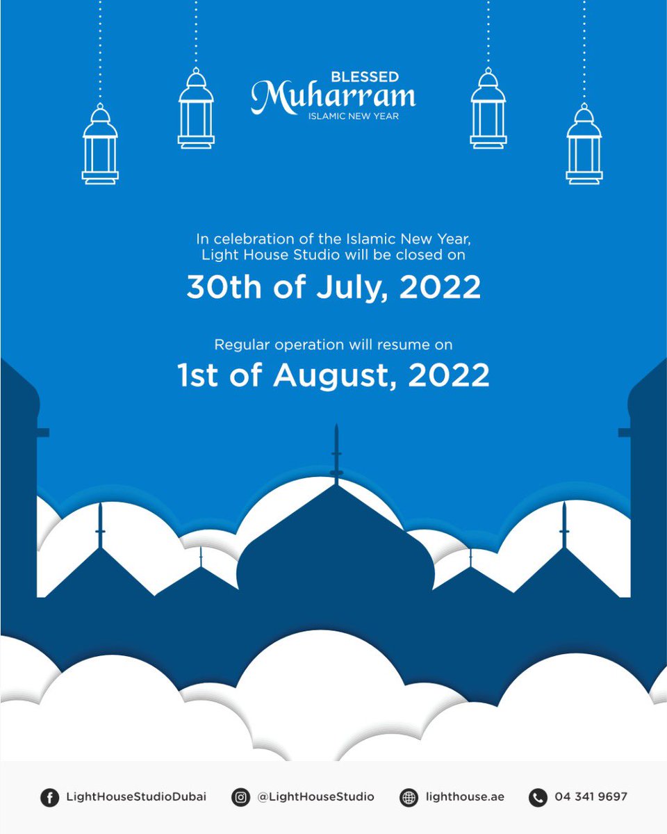 Happy Islamic New Year.
Our studios will be closed on 30th July 2022 (Saturday), and will resume on 1st August 2022 (Monday).