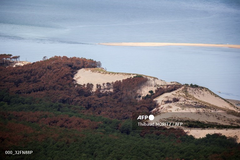 AFPphoto's tweet photo. #France - Aerial views taken by #AFP Thibaud Moritz show burnt forest area after wildfires near La Teste-de-Buch. https://t.co/n7szlJHwpC