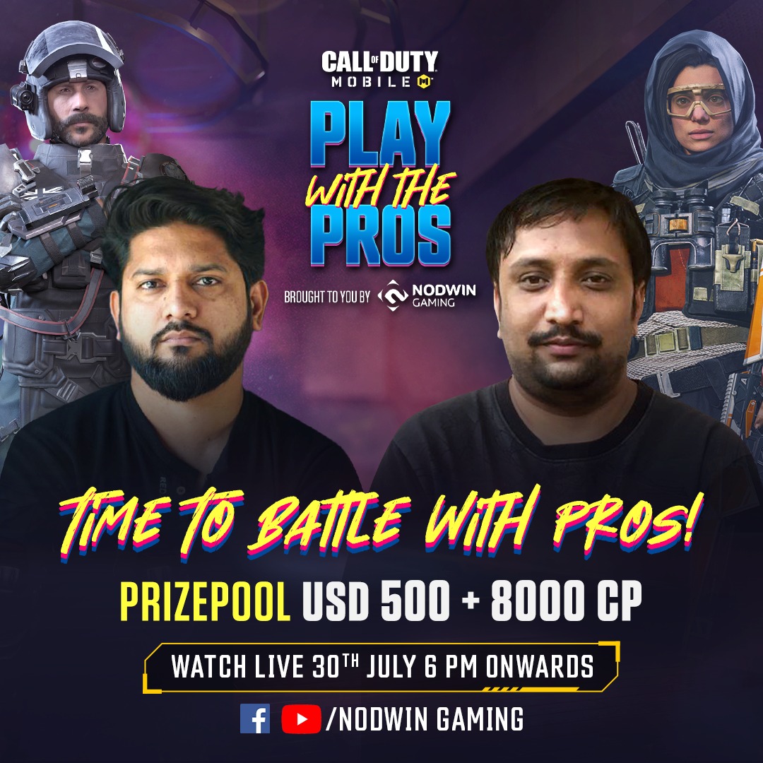 NodwinGaming's tweet photo. Witness amazing CODM action as the Pros go against the rookies in the 7th Episode of Play with the pros! 🤩

Watch live today 6 PM IST onwards 
YT/FB NODWIN Gaming
YT- https://t.co/6eFB9iOoD1 

#CODM #CallOfDuty #ReunitingSoldiers #CODMIndia #PlayWithPros https://t.co/dNAQXwcwtJ