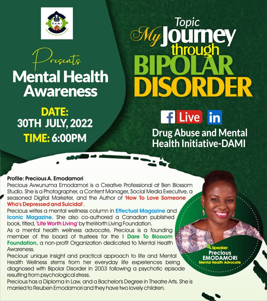 Idaretoblossom's tweet photo. Being diagnosed with #bipolardisorder isn't a sentence to self-pity.
Join @precious_ae as shares her bipolar survial story with @DrugDami
Please join us.
Details in the flier
#mentalhealth #idbf #idaretoblossomfoundation #mentalhealthawareness
#bipolardisorder #beyondbipolar https://t.co/HXH2JCvuYG