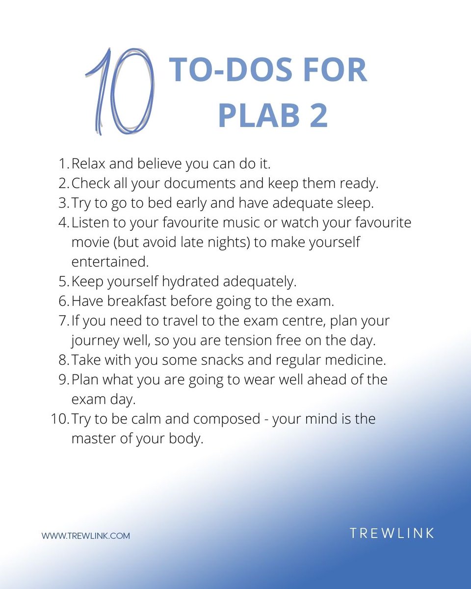 LinkTrew's tweet photo. Here are ten to-dos we would recommend doing before the exam. See how Trewlink can assist you: https://t.co/Gs6PEEpTfU. #PLAB2 #PLAB1 #UKjourney #trewlink #NHS #IMG #imgs #UKJobs #doctor #doctorslife #nhscareers #plabtips https://t.co/OCXLbp5mXz