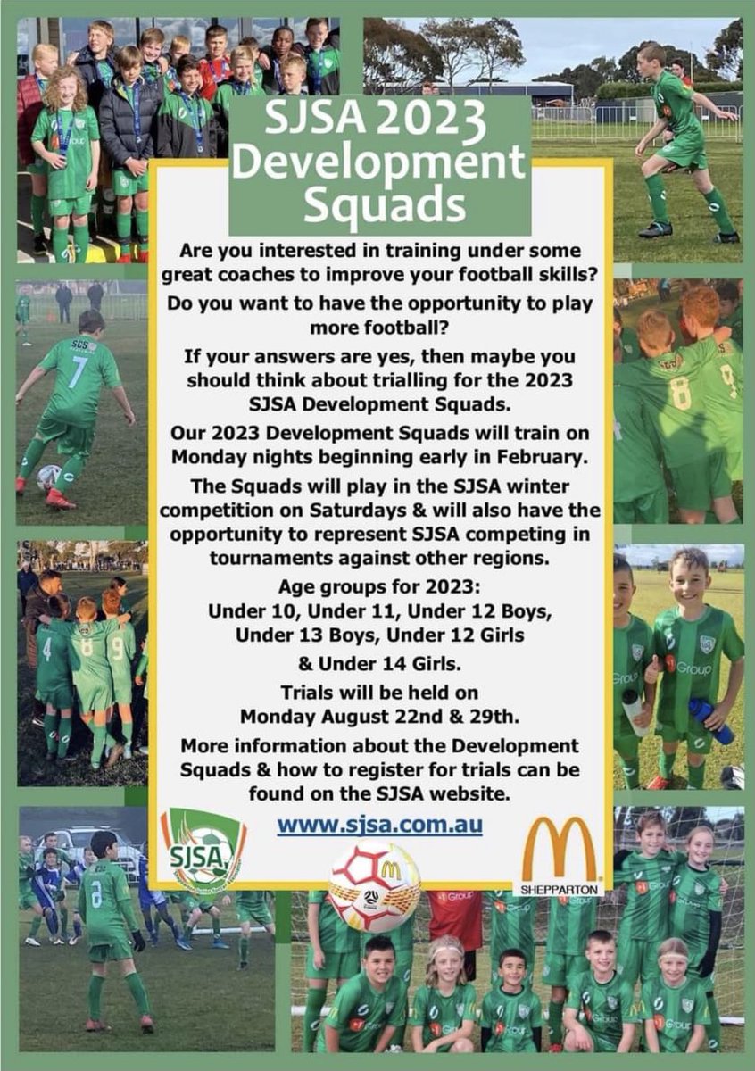 Trial Dates Released - SJSA 2023 Development Squads. Welcome Luke Slater to the coaching group also. Luke’s experience &amp; personality will compliment our strong football philosophy.