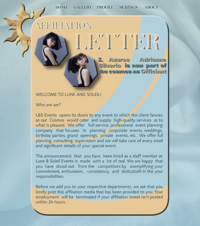 ㅤ   
   
𝙄𝙡 𝙨𝙤𝙡𝙚 𝙚 𝙡𝙖 𝙡𝙪𝙣𝙖 𝙨𝙤𝙣𝙤 𝙨𝙚𝙢𝙥𝙧𝙚 𝙘𝙤𝙣 𝙩𝙚! 
 
I am Azurae Adrienne Pierre and I am a part of the Cosmos as the Officiant of Lune and Soleil in which we bring dream events to life! 
 
#CosmosOfLnS 
#MacrocosmByLnS
#LuneAndSoleilEngenders 
   
ㅤ