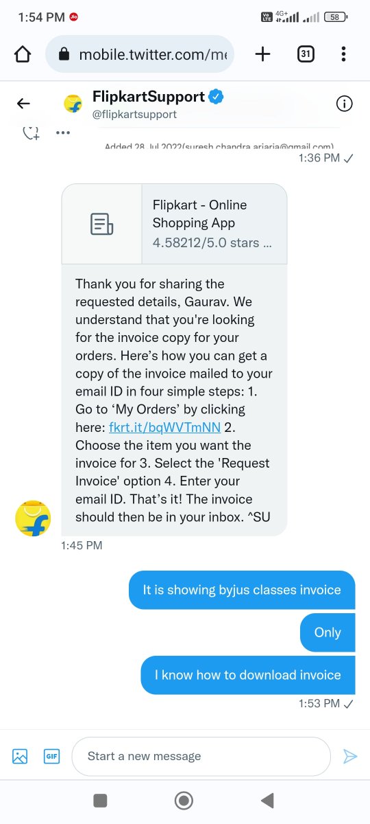 Insaan_gaurav's tweet photo. This is I asked and what the hell you replied although the solution itself I faulty because I am able to download only byjus invoice #nonsensehelpfromflipkart https://t.co/VoPaRxzjuo