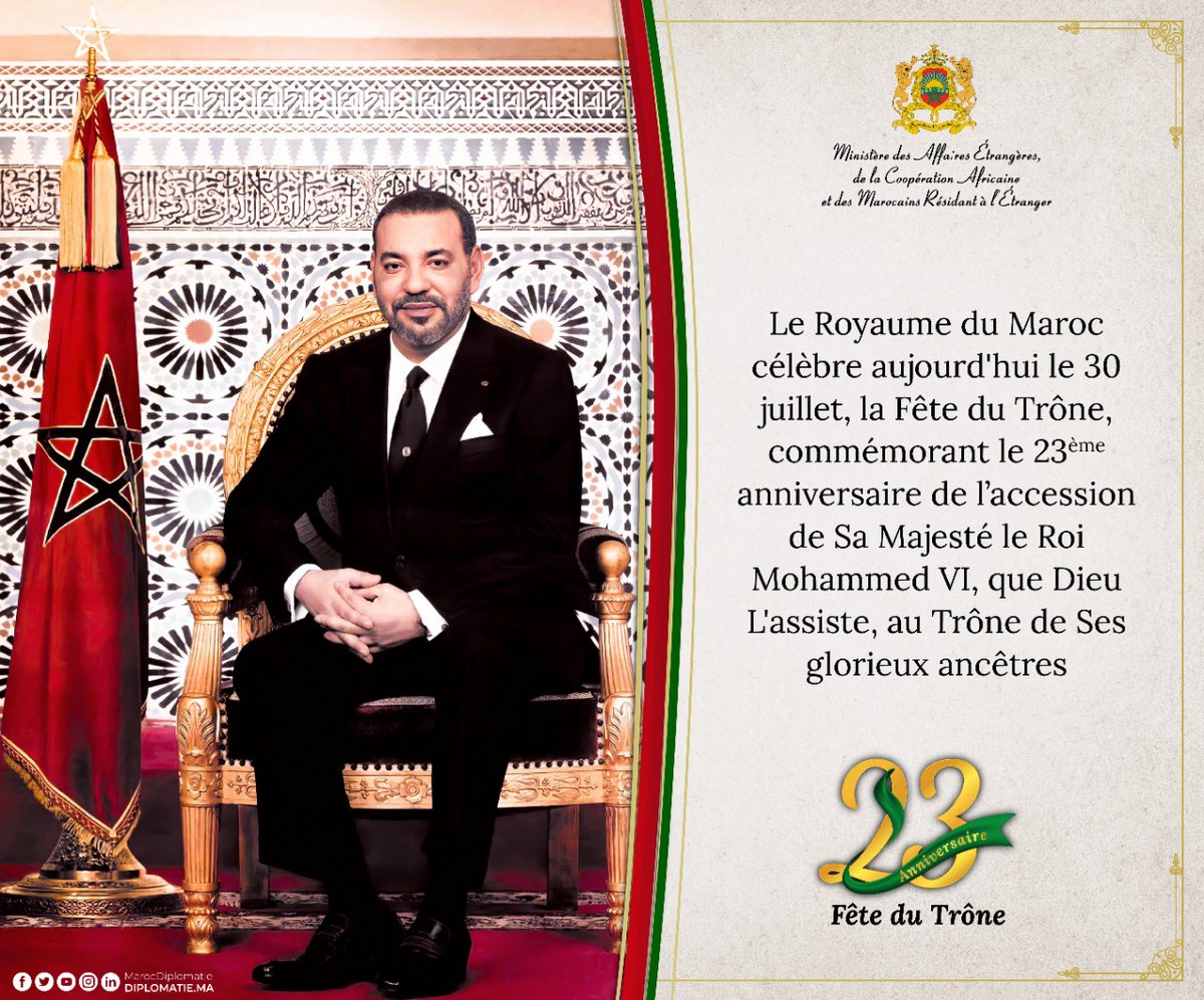 MarocDiplomatie's tweet photo. Le Royaume du Maroc célèbre aujourd'hui la Fête du Trône, commémorant le 23ème anniversaire de l’accession de Sa Majesté le Roi Mohammed VI, que Dieu L'assiste, au Trône de Ses glorieux ancêtres.

#عيد_العرش 🇲🇦 https://t.co/pkhAGLn1f4