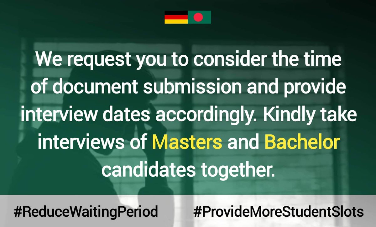 Rakibuzzaman_bd's tweet photo. We request you to consider the time of document submission and provide interview dates accordingly. Kindly take interviews of Masters and Bachelor candidates together.
@GermanEmbassyBD 
@MdShahriarAlam
H.E.@GerAmbBD
@JRJanowski85
Reduce Waiting Period
#ProvideMoreStudentSlots https://t.co/JJUxWc0NGo
