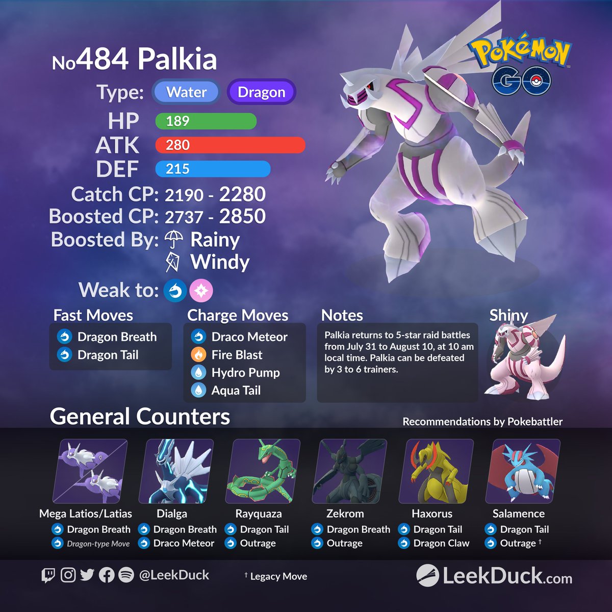 LeekDuck's tweet photo. Palkia returns to 5-star raid battles on July 31, at 10 am local time. 

Join and host global raids with Raid NOW: https://t.co/v6GqeqERsL https://t.co/kcORObEjMG