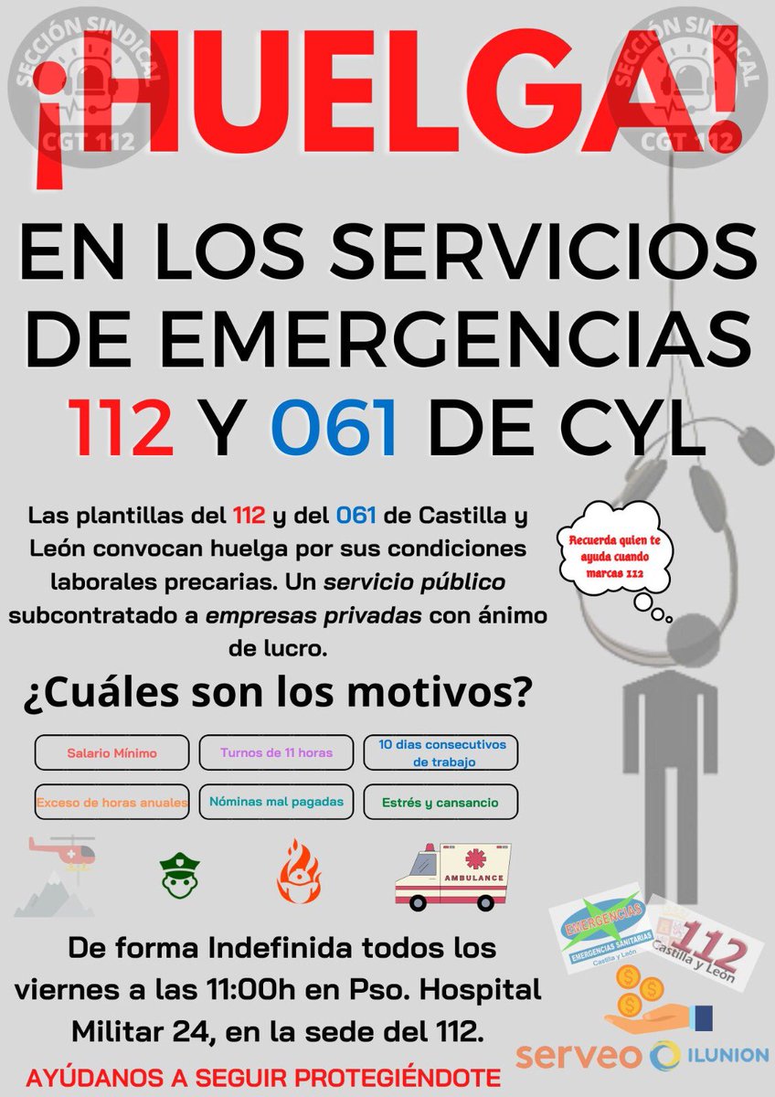 Huelga convocada y trabajadores dl 112 y 061 con ganas d seguir luchando x uns condiciones dignas. No se puede permitir q empresas privadas tengan beneficios ingentes a base d explotar a ls trabajadores d servicios esenciales #112_061CyLenlucha #lasemergenciasnosonunnegocio