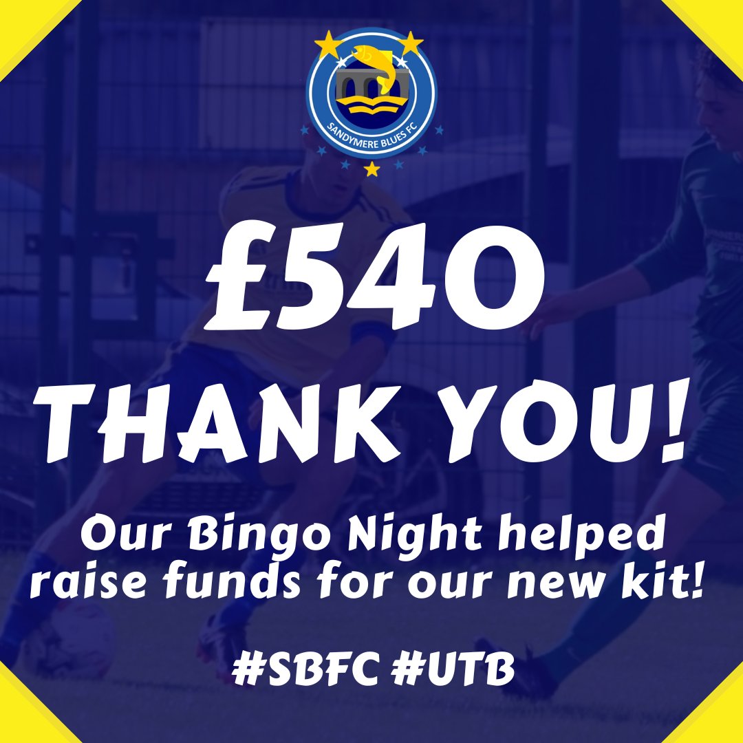 🔵 𝙏𝙃𝘼𝙉𝙆 𝙔𝙊𝙐! 🟡

Thanks to everyone who came to the Sandymere Blues Bingo Night at Pollyfield last night! 💙

Your efforts helped raise £540 which will contribute to a new kit for the squad 🙌 

Thank you for supporting your community football club! ⚽️ 

#SBFC #UTB