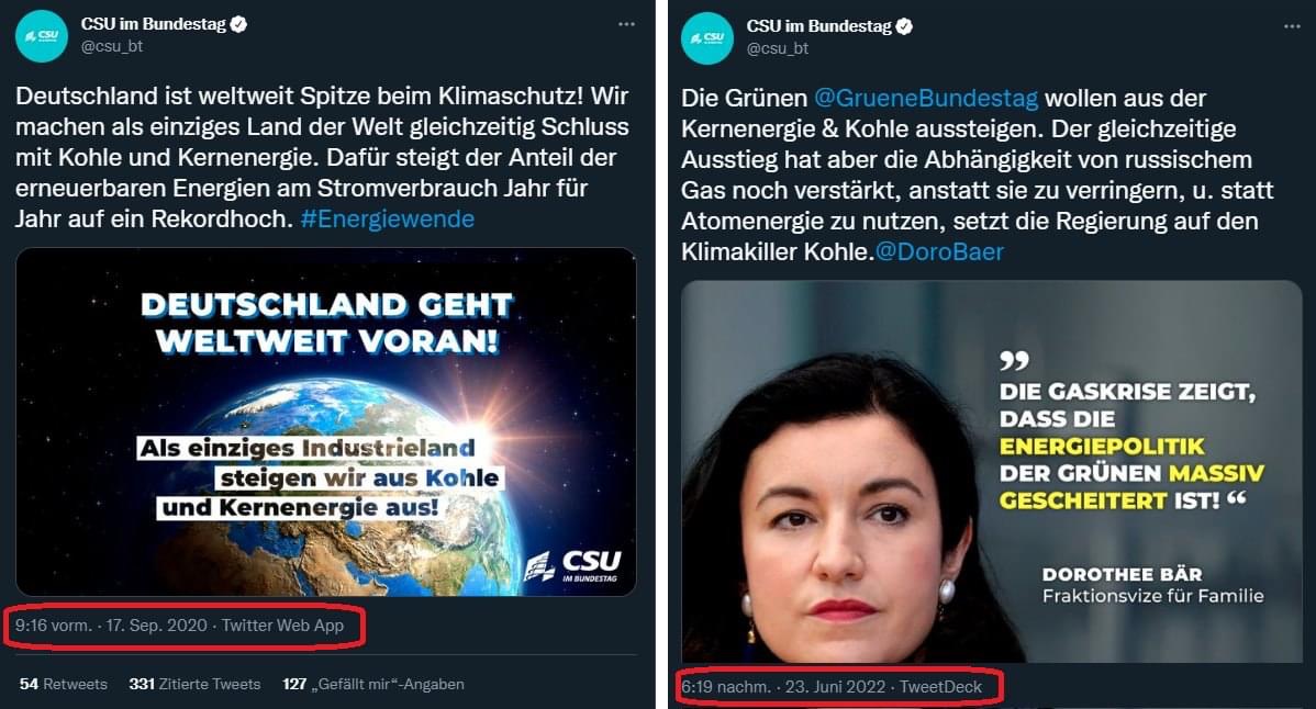 Man wird doch mal seine Meinung innerhalb zwei Jahre ändern dürfen.

CSU im Jahr 2020: Juhu, wir steigen aus Kohle und Atomkraft aus!

CSU im Jahr 2022: Die Grünen wollen aus Kohle und Atomkraft
 raus und sind damit gescheitert!

📷-Quelle: <a href="/DerGraslutscher/">Jan Hegenberg 🇩🇪 🇪🇺⚡️🚈🚆</a>