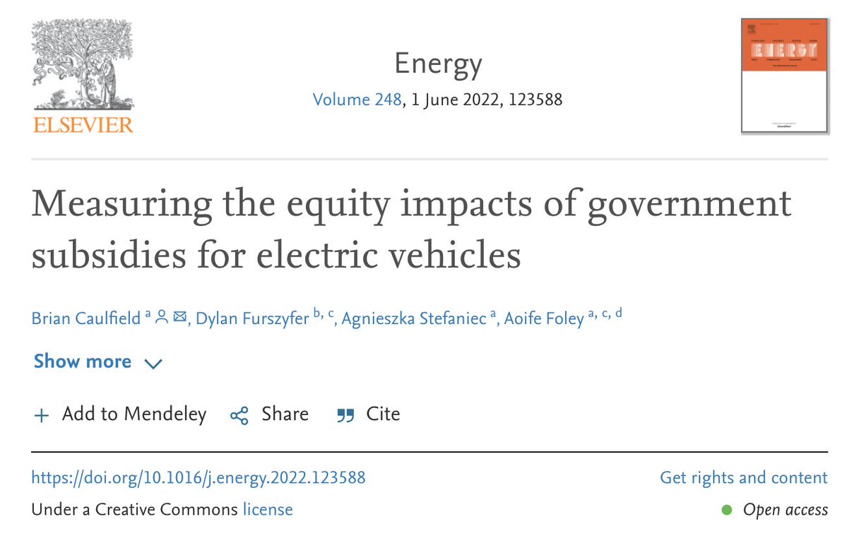 New study of Ireland finds that EV subsidies are regressive. Another reason to question why the Senate's new climate bill offers $7,500 off an $80,000 electric SUV or truck -- but nothing towards an e-bike/e-cargo bike that many more people might afford. doi.org/10.1016/j.ener…