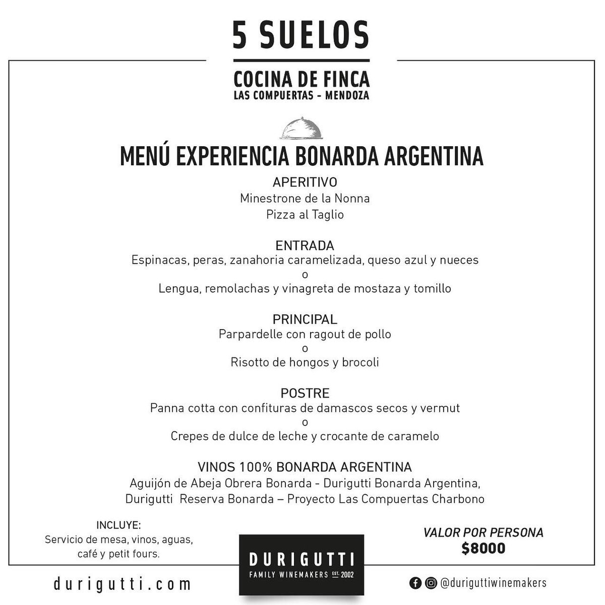 ¿Fan de la Bonarda?

Menú especial con nuestra selección de vinos Bonarda en sus distintos orígenes y estilos junto a una tentadora propuesta de nuestra chef Patricia Courtois. 

#MesDelaBonarda #BonardaArgentina #Durigutti #LasCompuertas #5sueloscocinadeFinca